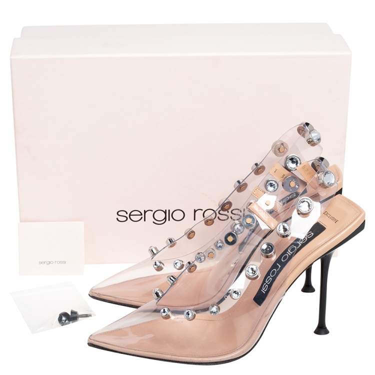 Pre Owned Sergio Rossi Beige PVC Crystal Embellished Slingback Sandals Size 39