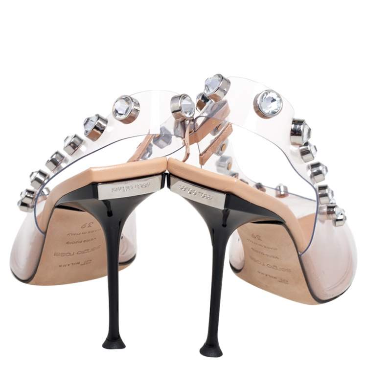 Pre Owned Sergio Rossi Beige PVC Crystal Embellished Slingback Sandals Size 39