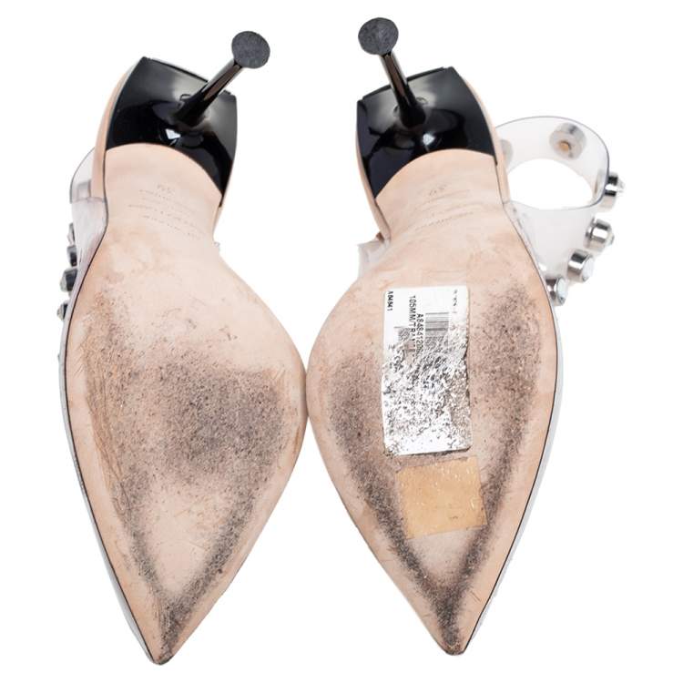 Pre Owned Sergio Rossi Beige PVC Crystal Embellished Slingback Sandals Size 39