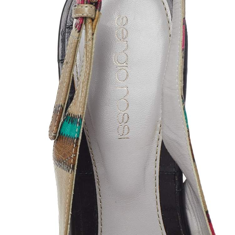 Pre Owned Sergio Rossi Multicolor Stitch Leather Platform Slingback Wedge Sandals Size 39