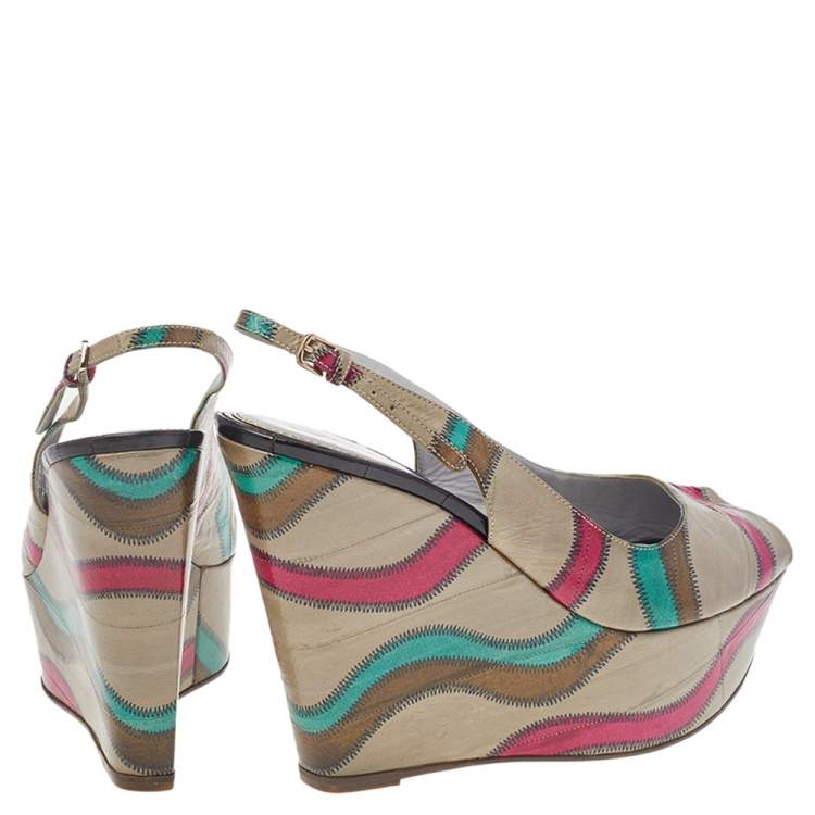 Pre Owned Sergio Rossi Multicolor Stitch Leather Platform Slingback Wedge Sandals Size 39