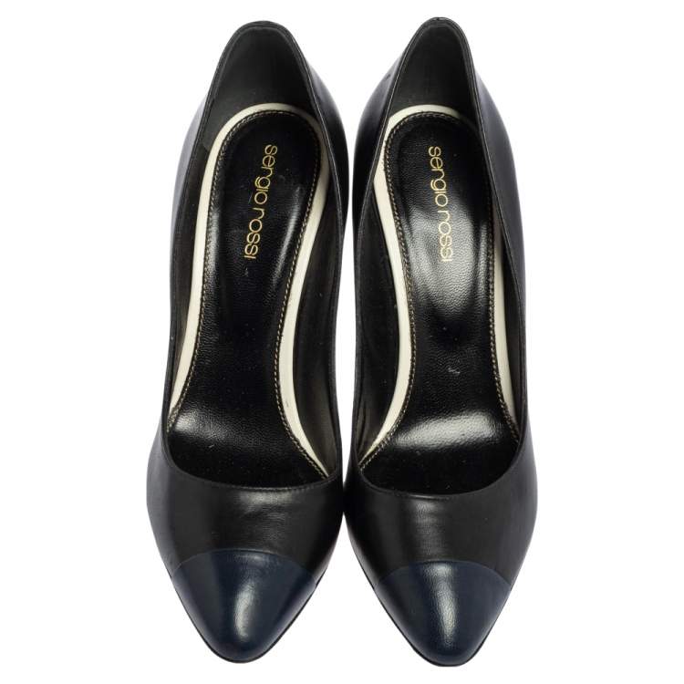 Pre Owned Sergio Rossi  Black/Blue Leather Cap Toe Pumps Size 38