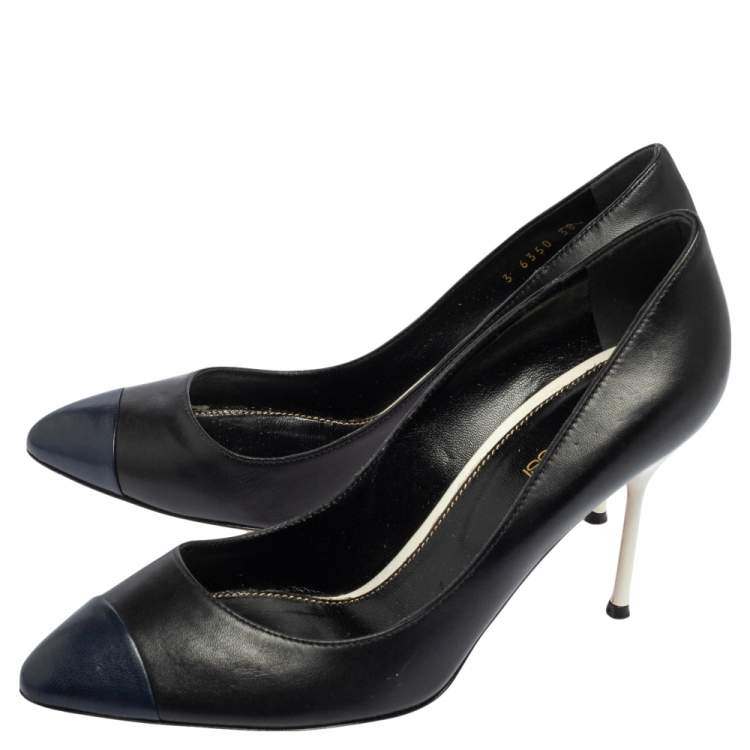 Pre Owned Sergio Rossi  Black/Blue Leather Cap Toe Pumps Size 38