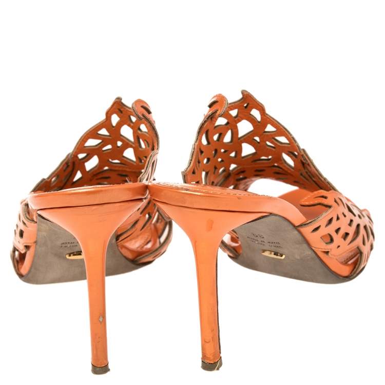 Pre Owned Sergio Rossi Orange Patent Leather Cut Out  Sandals Size 39