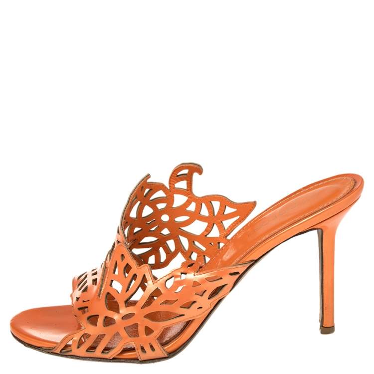Pre Owned Sergio Rossi Orange Patent Leather Cut Out  Sandals Size 39