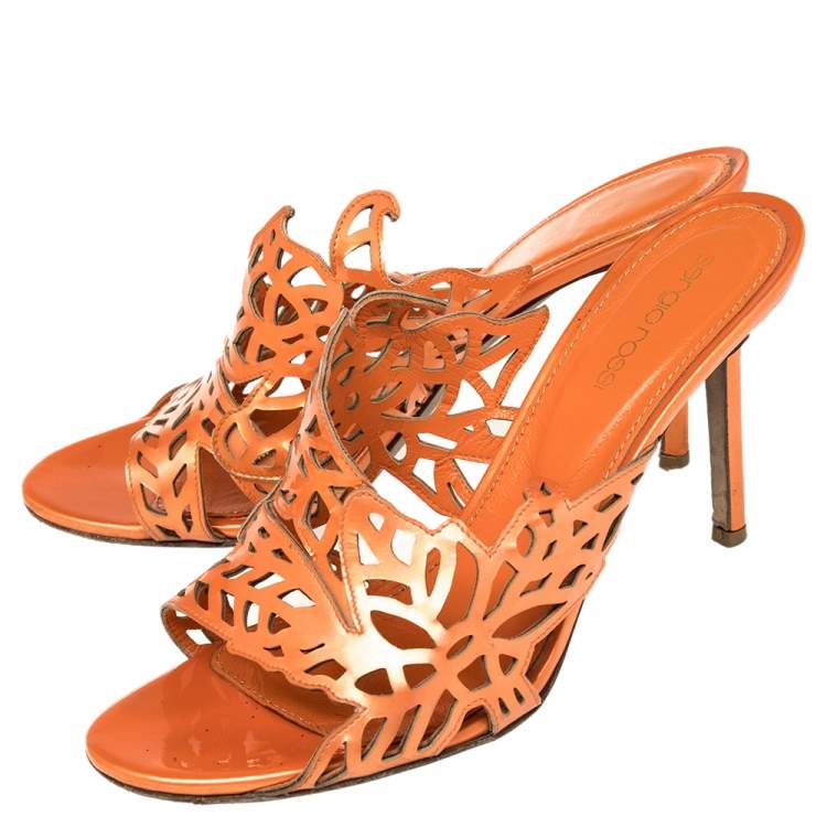 Pre Owned Sergio Rossi Orange Patent Leather Cut Out  Sandals Size 39