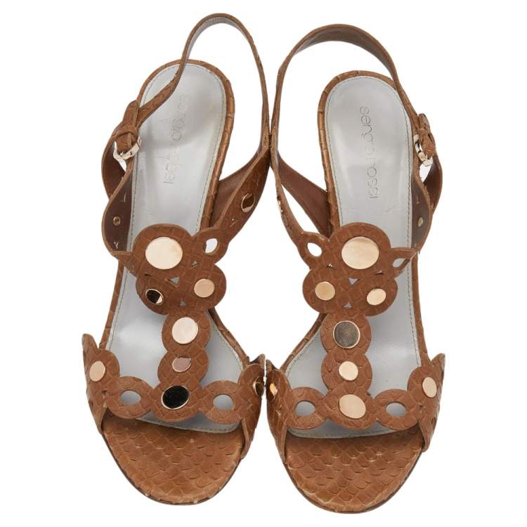 Pre Owned Sergio Rossi Brown Python Embossed Leather Studded Sandals Size  38