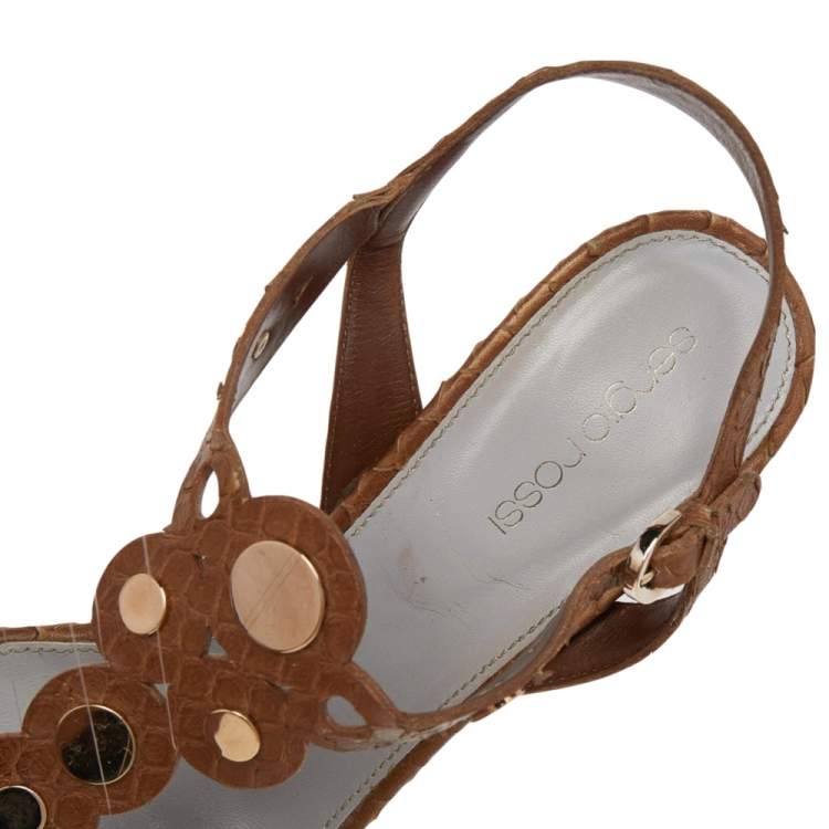 Pre Owned Sergio Rossi Brown Python Embossed Leather Studded Sandals Size  38