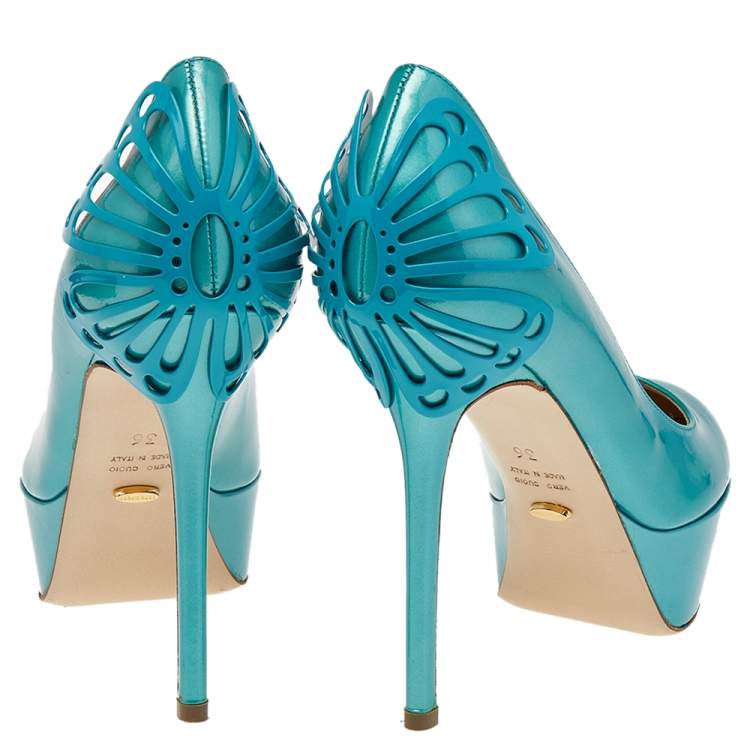 Pre Owned Sergio Rossi Green Patent Leather Butterfly Plaque Platform Pumps Size 36