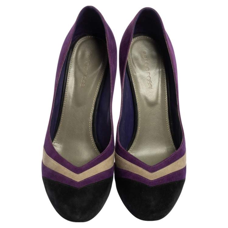 Pre Owned Sergio Rossi Tricolor Suede V Neck Pumps Size 39.5