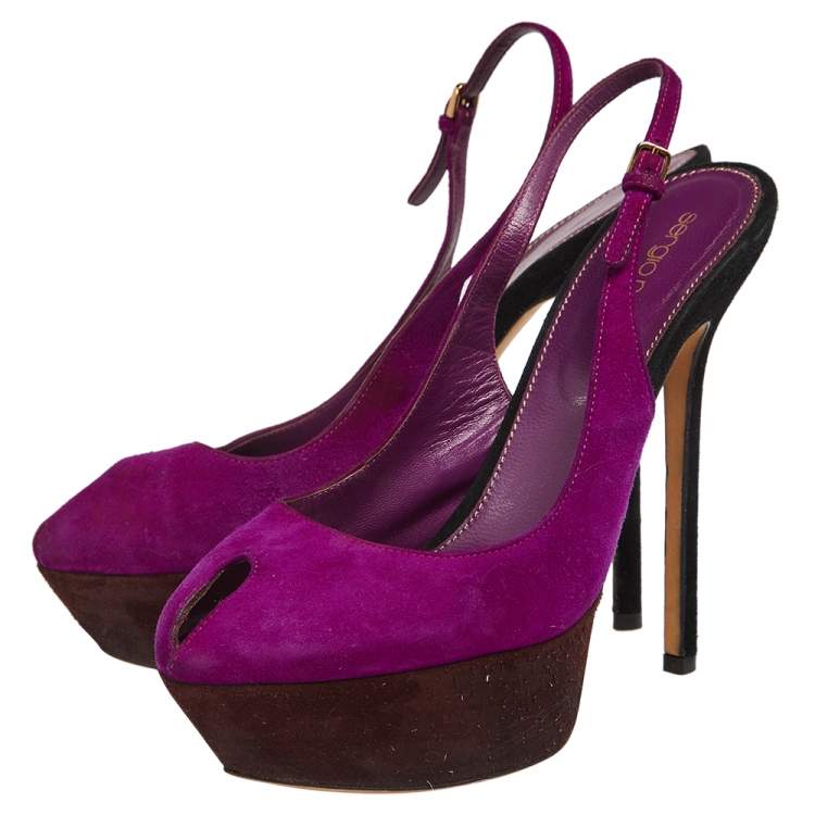 Pre Owned Sergio Rossi Purple Suede Cachet Peep Toe Platform Slingback Sandals Size 37.5