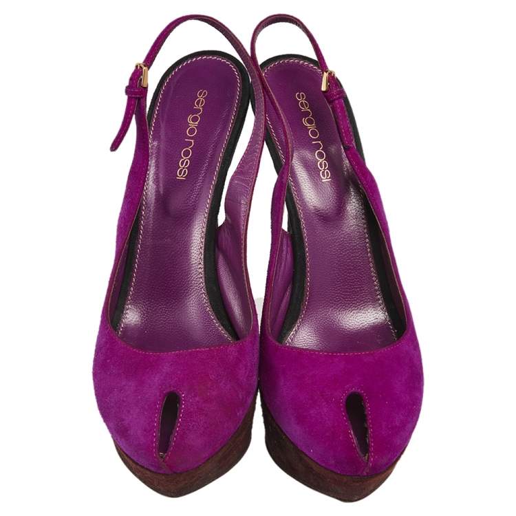 Pre Owned Sergio Rossi Purple Suede Cachet Peep Toe Platform Slingback Sandals Size 37.5