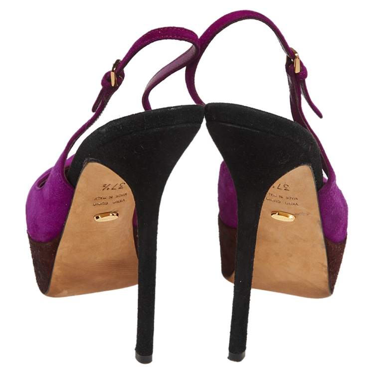 Pre Owned Sergio Rossi Purple Suede Cachet Peep Toe Platform Slingback Sandals Size 37.5
