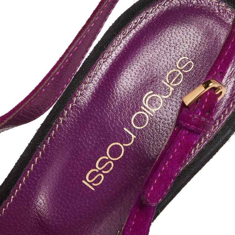 Pre Owned Sergio Rossi Purple Suede Cachet Peep Toe Platform Slingback Sandals Size 37.5