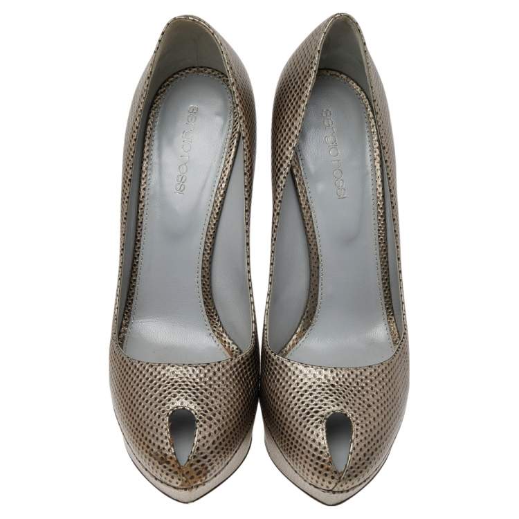 Pre Owned Sergio Rossi Gold Leather Peep Toe Pumps Size 38.5