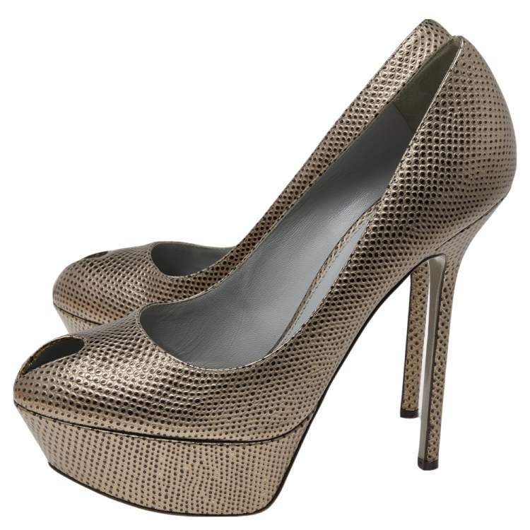 Pre Owned Sergio Rossi Gold Leather Peep Toe Pumps Size 38.5