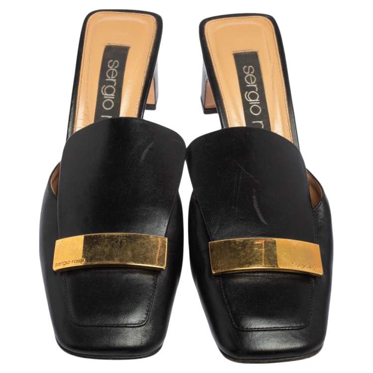 Pre Owned Sergio Rossi Black Leather SR1 Block Heel Mules Size 36