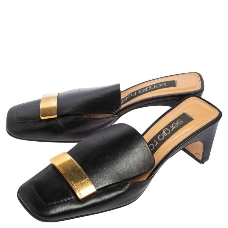Pre Owned Sergio Rossi Black Leather SR1 Block Heel Mules Size 36