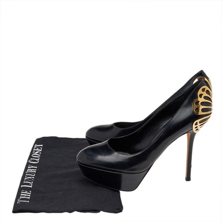 Pre Owned Sergio Rossi Black Leather Butterfly Plaque Platform Pumps Size 38.5
