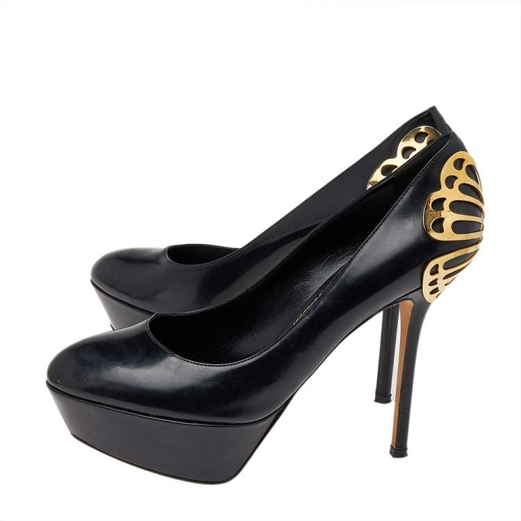 Pre Owned Sergio Rossi Black Leather Butterfly Plaque Platform Pumps Size 38.5