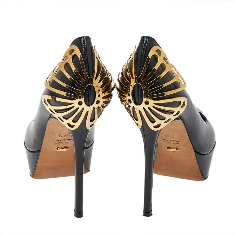 Pre Owned Sergio Rossi Black Leather Butterfly Plaque Platform Pumps Size 38.5