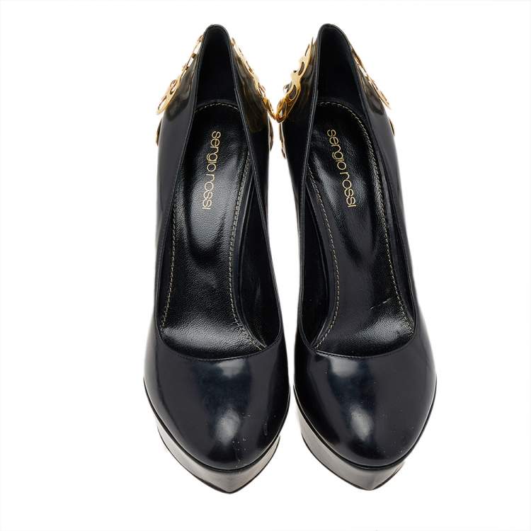Pre Owned Sergio Rossi Black Leather Butterfly Plaque Platform Pumps Size 38.5