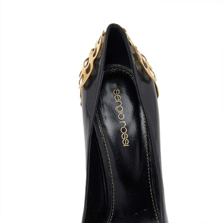 Pre Owned Sergio Rossi Black Leather Butterfly Plaque Platform Pumps Size 38.5