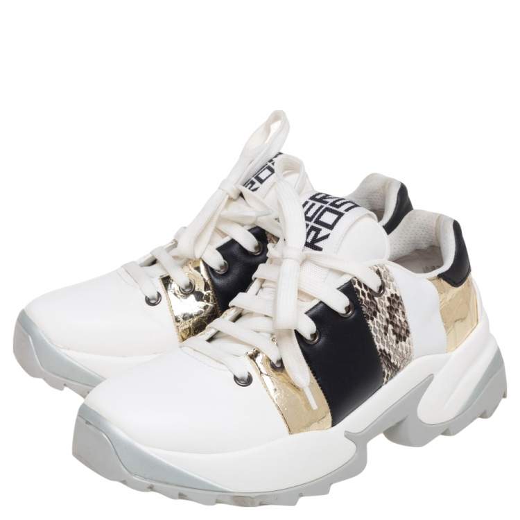 Pre Owned Sergio Rossi Tri Color Leather And Snakeskin Leather Low Top Sneakers Size 36