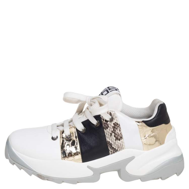 Pre Owned Sergio Rossi Tri Color Leather And Snakeskin Leather Low Top Sneakers Size 36