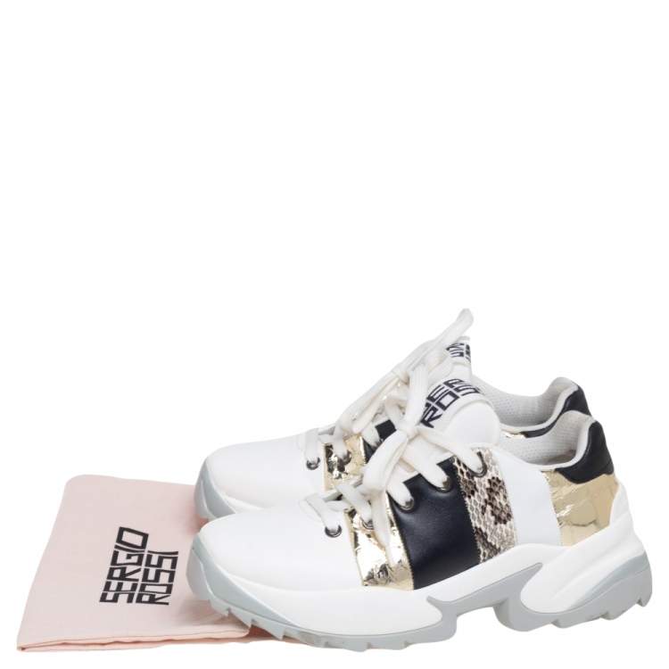 Pre Owned Sergio Rossi Tri Color Leather And Snakeskin Leather Low Top Sneakers Size 36