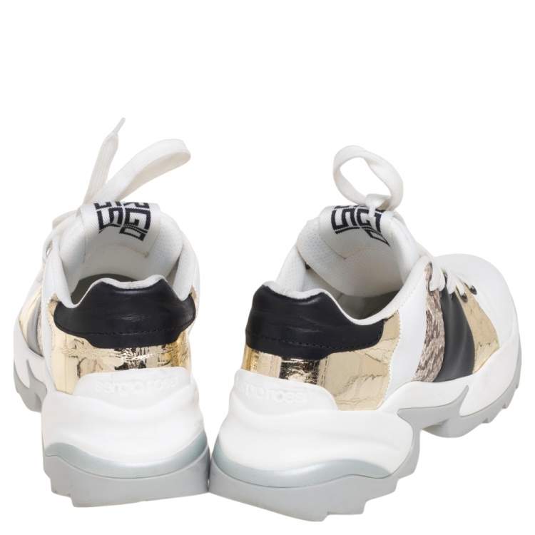 Pre Owned Sergio Rossi Tri Color Leather And Snakeskin Leather Low Top Sneakers Size 36
