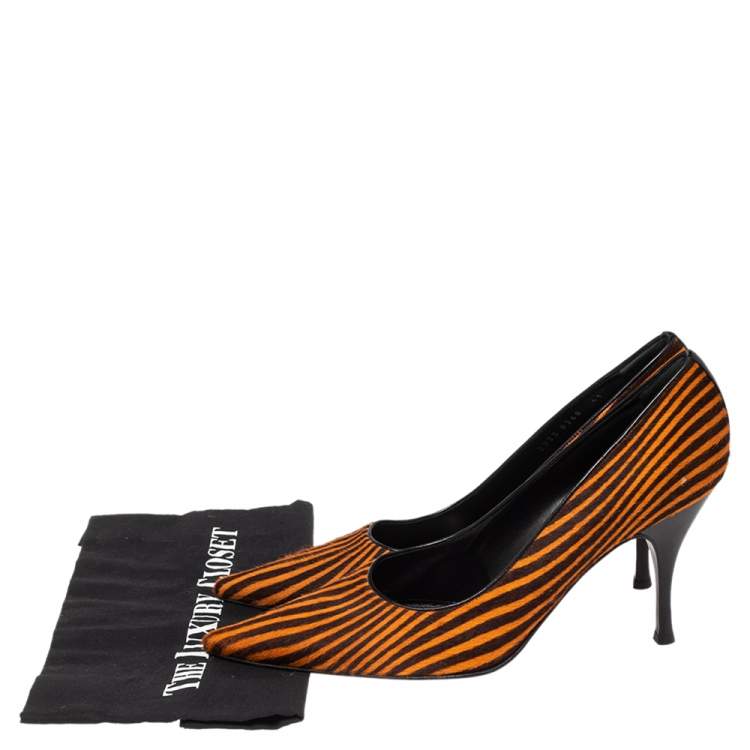 Pre Owned Sergio Rossi Orange/Brown Stripes Print Pony Hair Pointed Toe Pumps Size 41