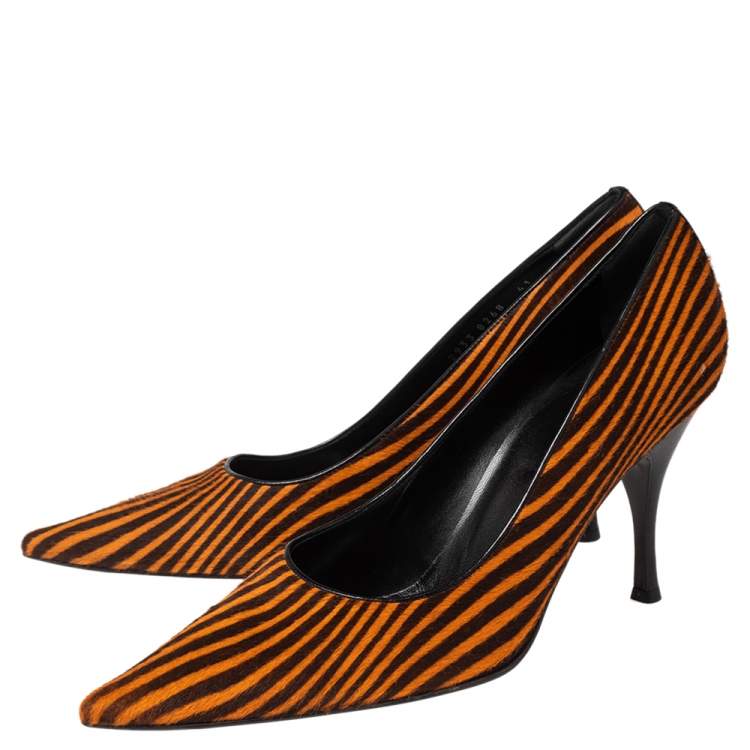 Pre Owned Sergio Rossi Orange/Brown Stripes Print Pony Hair Pointed Toe Pumps Size 41