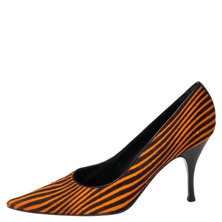 Pre Owned Sergio Rossi Orange/Brown Stripes Print Pony Hair Pointed Toe Pumps Size 41