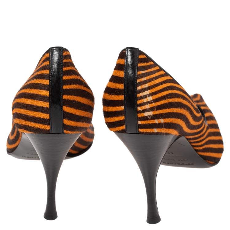 Pre Owned Sergio Rossi Orange/Brown Stripes Print Pony Hair Pointed Toe Pumps Size 41
