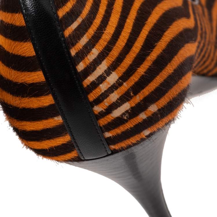 Pre Owned Sergio Rossi Orange/Brown Stripes Print Pony Hair Pointed Toe Pumps Size 41
