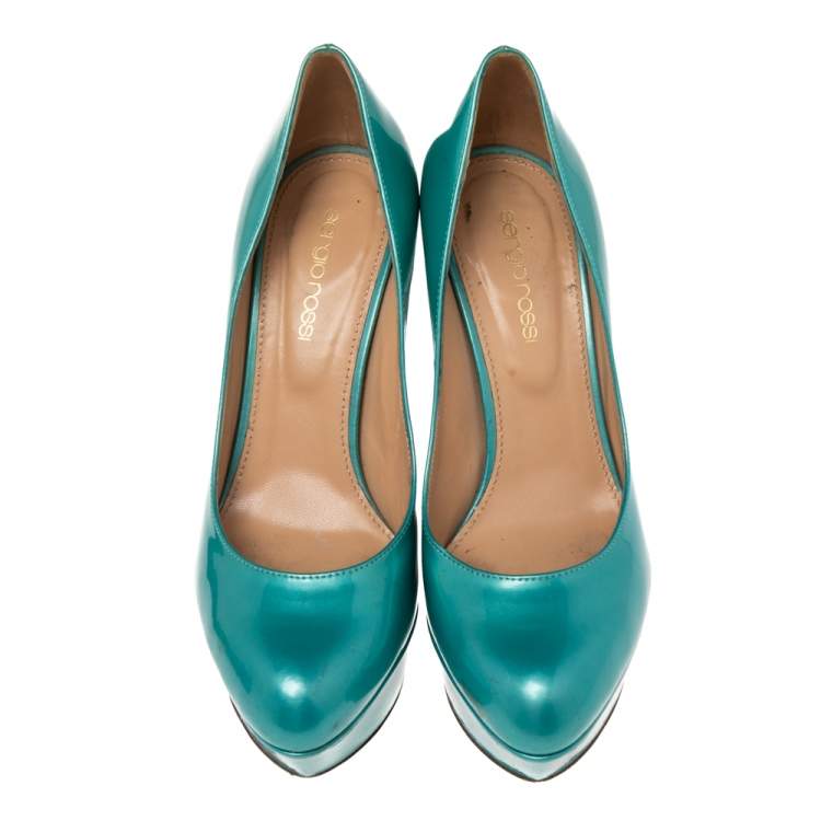 Pre Owned Sergio Rossi Blue Patent Leather Platform Pumps Size 36.5