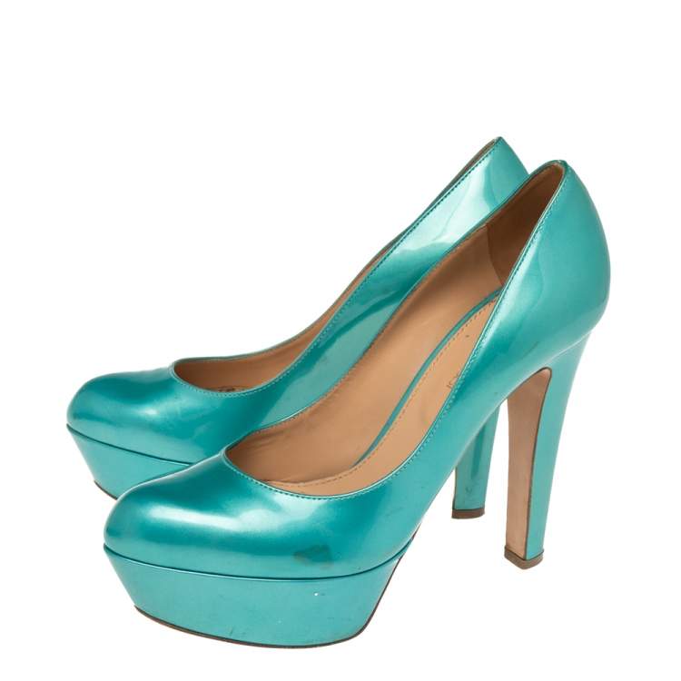 Pre Owned Sergio Rossi Blue Patent Leather Platform Pumps Size 36.5