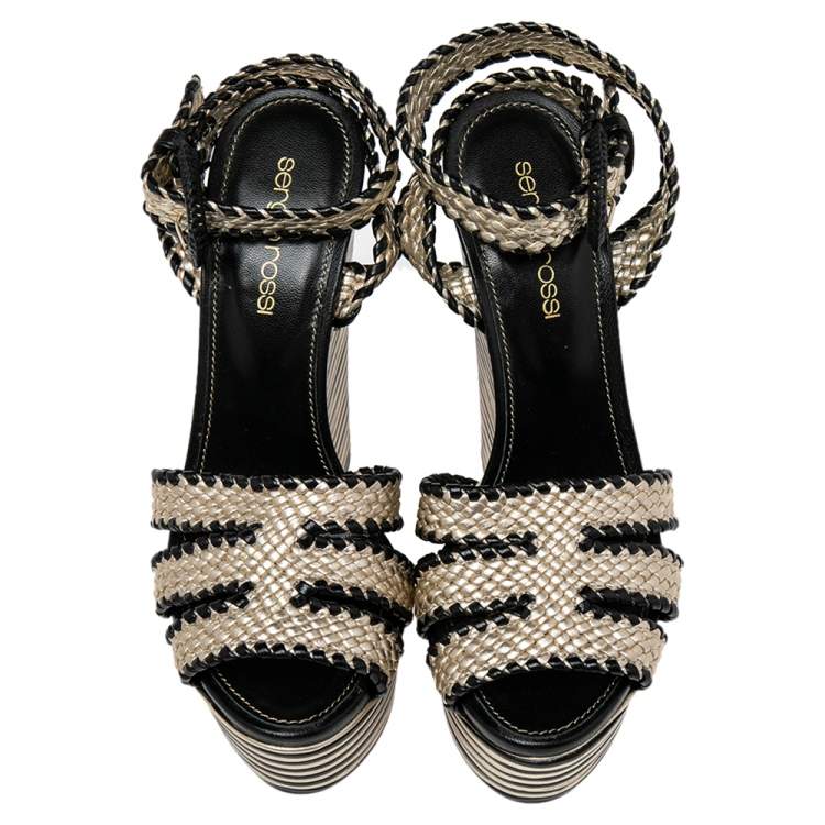 Pre Owned Sergio Rossi Gold/Black Leather Braided Ankle Strap Wedges Sandal Size 35