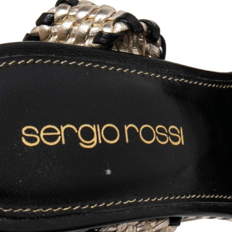 Pre Owned Sergio Rossi Gold/Black Leather Braided Ankle Strap Wedges Sandal Size 35