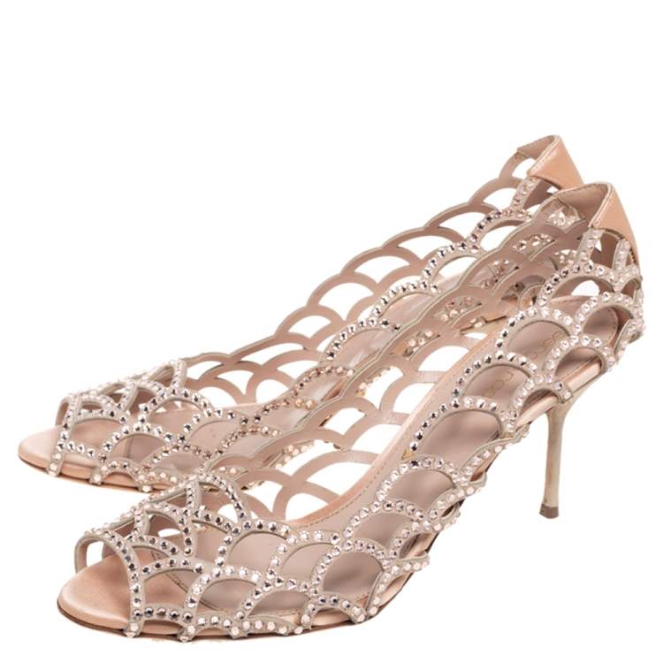 Pre Owned Sergio Rossi Beige Suede And Satin Cut Out Scalloped Open Toe Pump Size 40