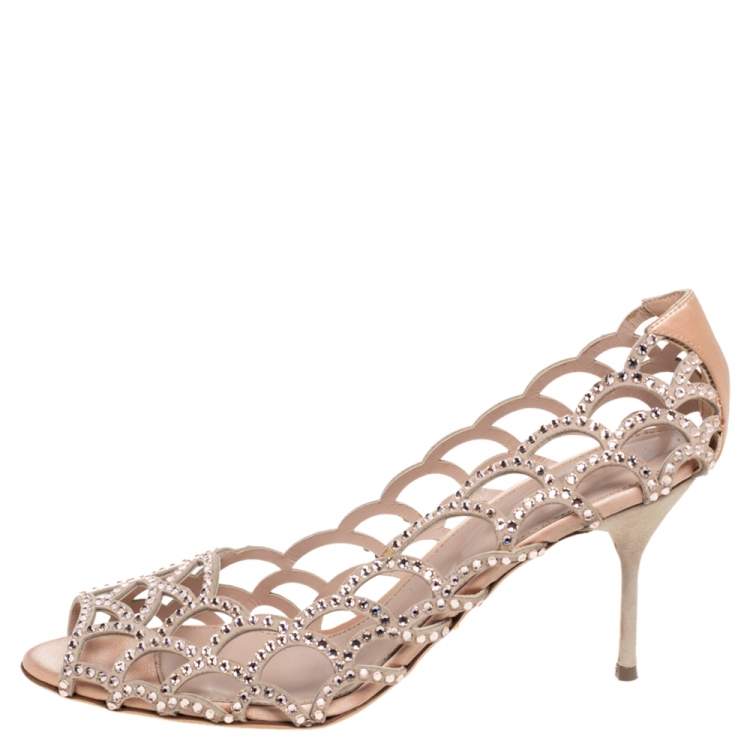 Pre Owned Sergio Rossi Beige Suede And Satin Cut Out Scalloped Open Toe Pump Size 40