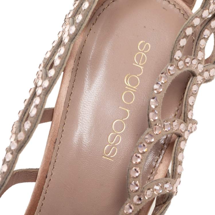 Pre Owned Sergio Rossi Beige Suede And Satin Cut Out Scalloped Open Toe Pump Size 40