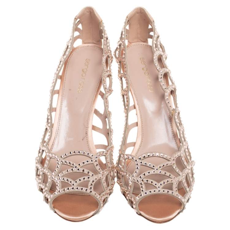 Pre Owned Sergio Rossi Beige Suede And Satin Cut Out Scalloped Open Toe Pump Size 40