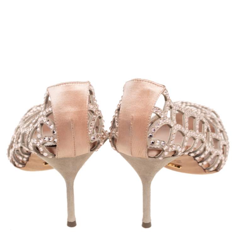 Pre Owned Sergio Rossi Beige Suede And Satin Cut Out Scalloped Open Toe Pump Size 40