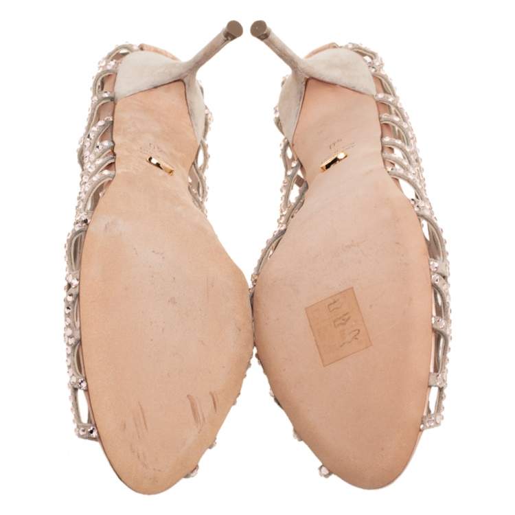 Pre Owned Sergio Rossi Beige Suede And Satin Cut Out Scalloped Open Toe Pump Size 40