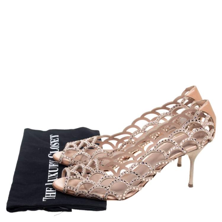 Pre Owned Sergio Rossi Beige Suede And Satin Cut Out Scalloped Open Toe Pump Size 40