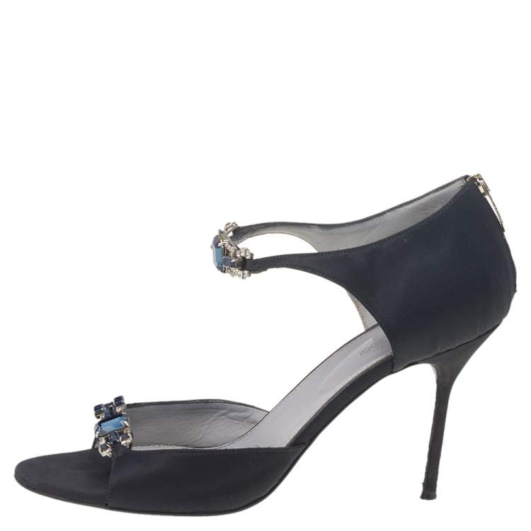 Pre Owned Sergio Rossi Black Satin Embellished Open Toe Pumps Size 40