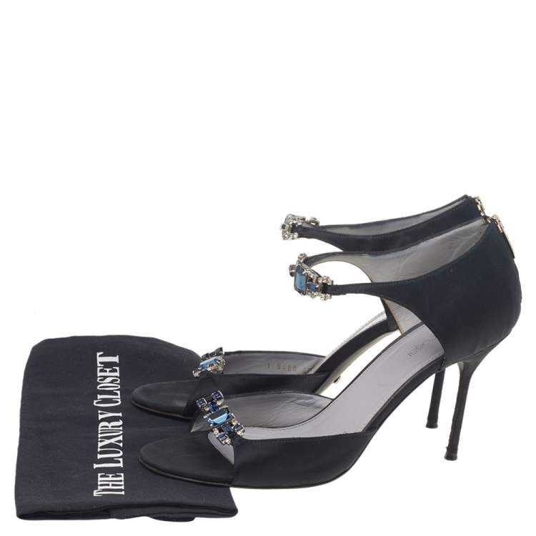 Pre Owned Sergio Rossi Black Satin Embellished Open Toe Pumps Size 40