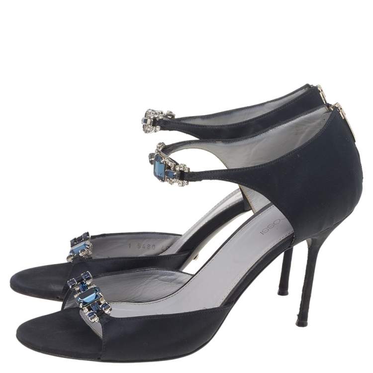 Pre Owned Sergio Rossi Black Satin Embellished Open Toe Pumps Size 40